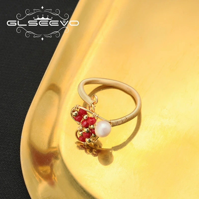 Natural Freshwater Pearl Love Adjustable Red Glass Ring   Wire Wrapped  Gifts for Girlfriend Couple Gold Plated Ring Jewelry