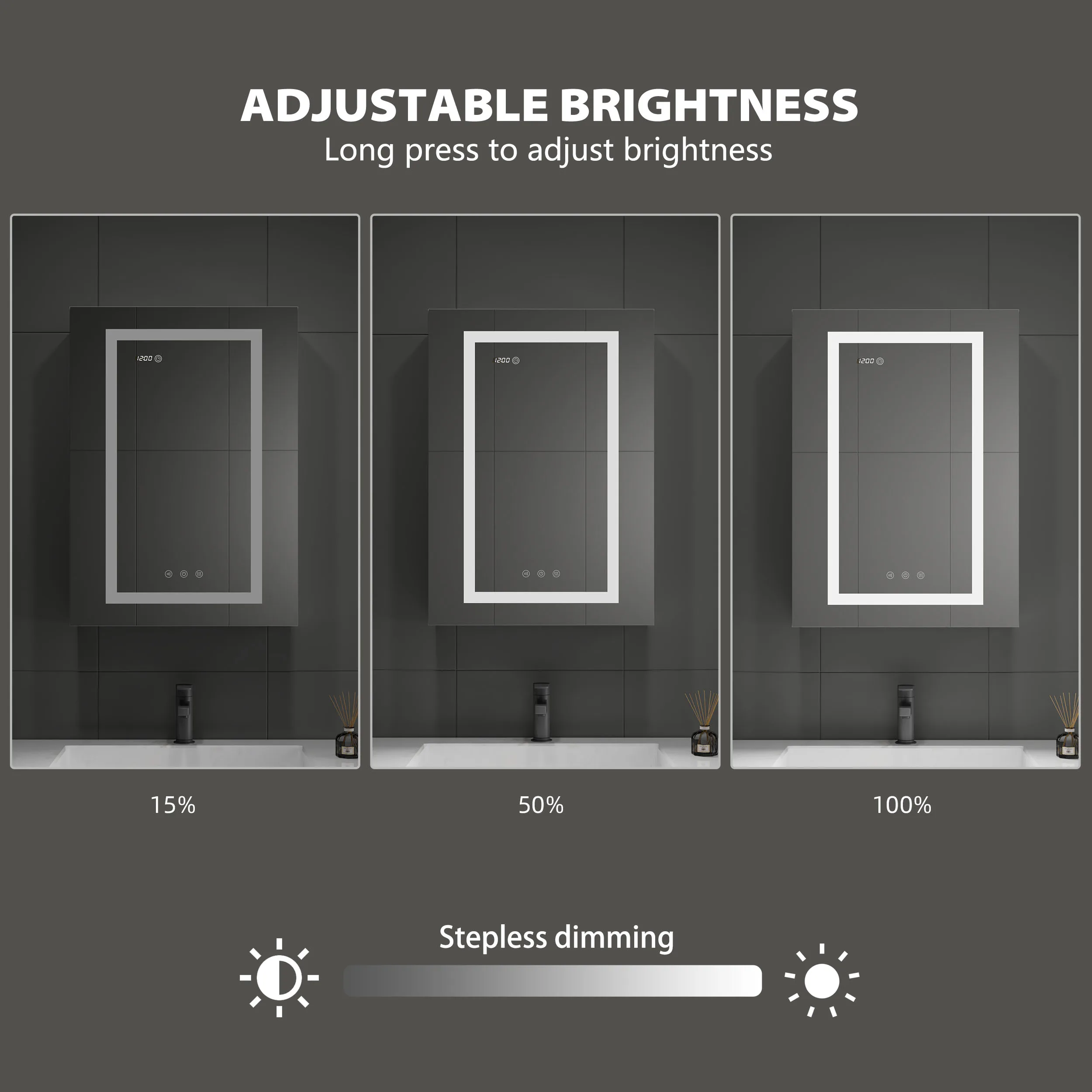 Clock And Temper Display Adjustable Shelves 3-Color Lights Defogger Smart Led  Bathroom Surface Mount Mirror Cabinet