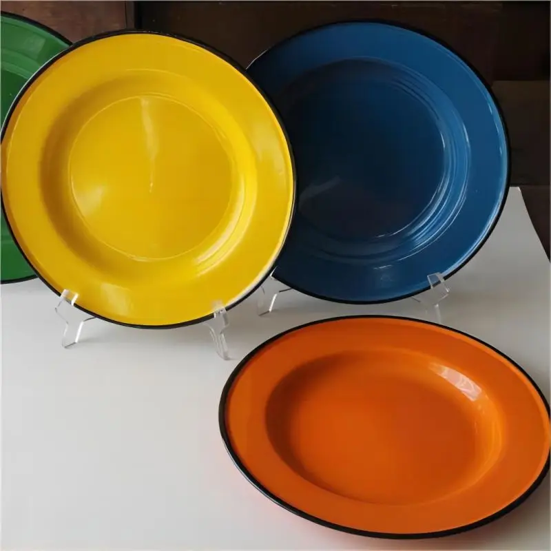 Novelty item classic food grade kitchenware custom colored dinnerware enamel charger dining plates sets wholesale