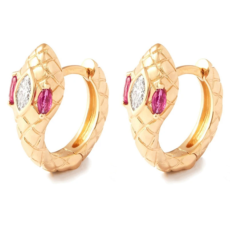 Gemnel hot selling 925 silver 14k gold emerald eyes pave diamond snake huggie animal hoop earrings