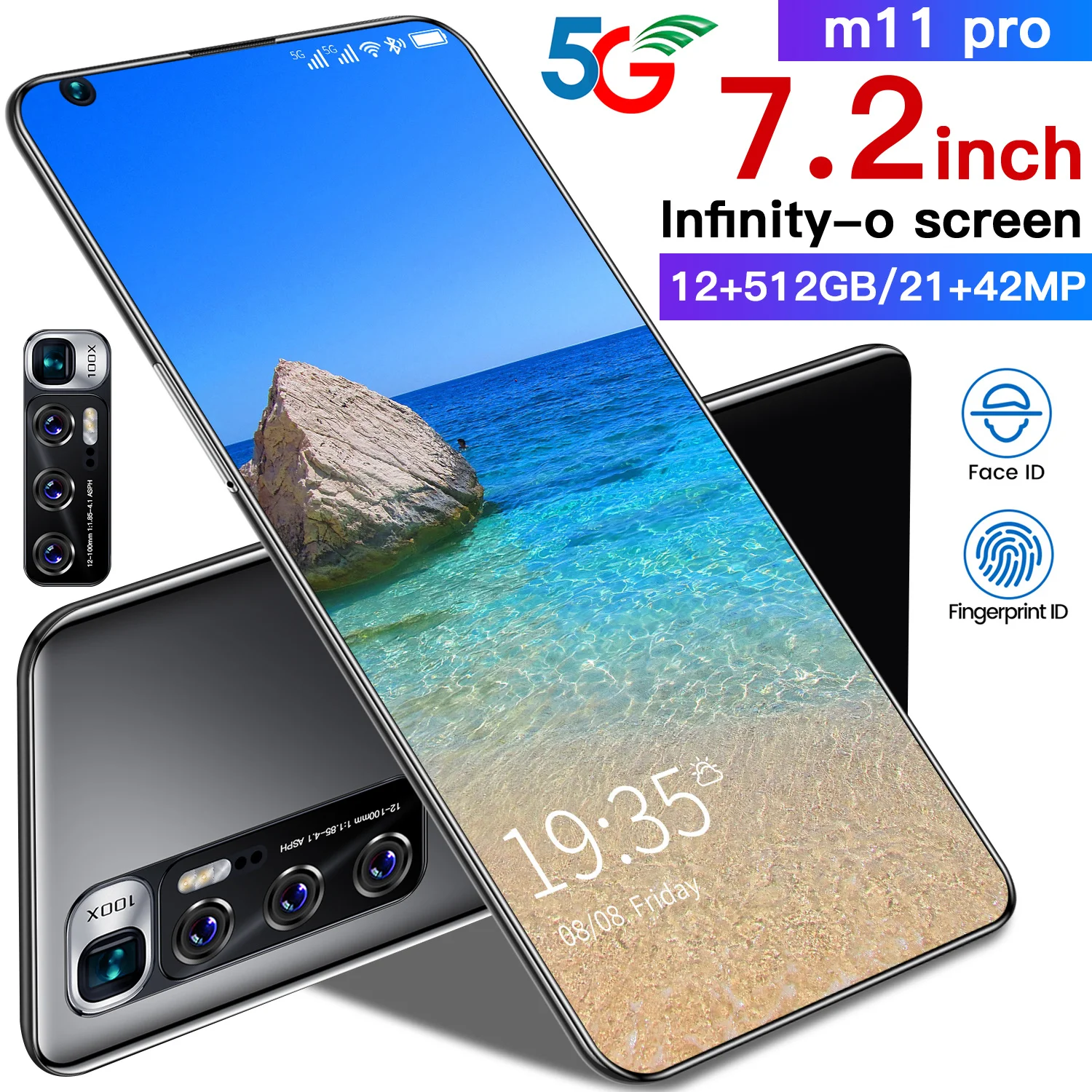 12+512GB Android smartphone M11pro 7.2inch Infinity-o screen mobile phone Dual Sim Wifi camera GPS 5G mobile phone