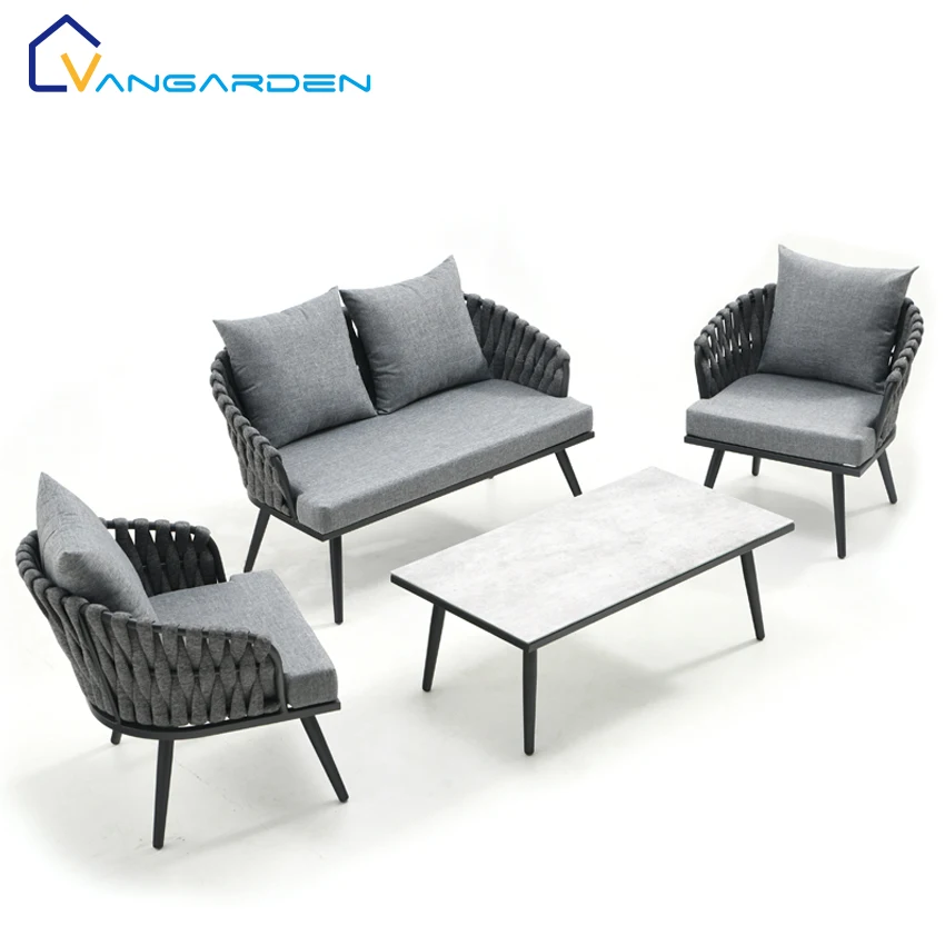 4pcs outdoor waterproof fabric garden furniture rope sofa chair set modern patio aluminum sofa set