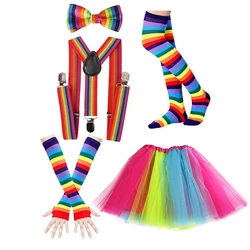 Womens 80s Neon Party Outfit Costume Rainbow Stripes Arm Warmer Long Socks Bowtie Suspenders Tutu Skirt Cosplay Set