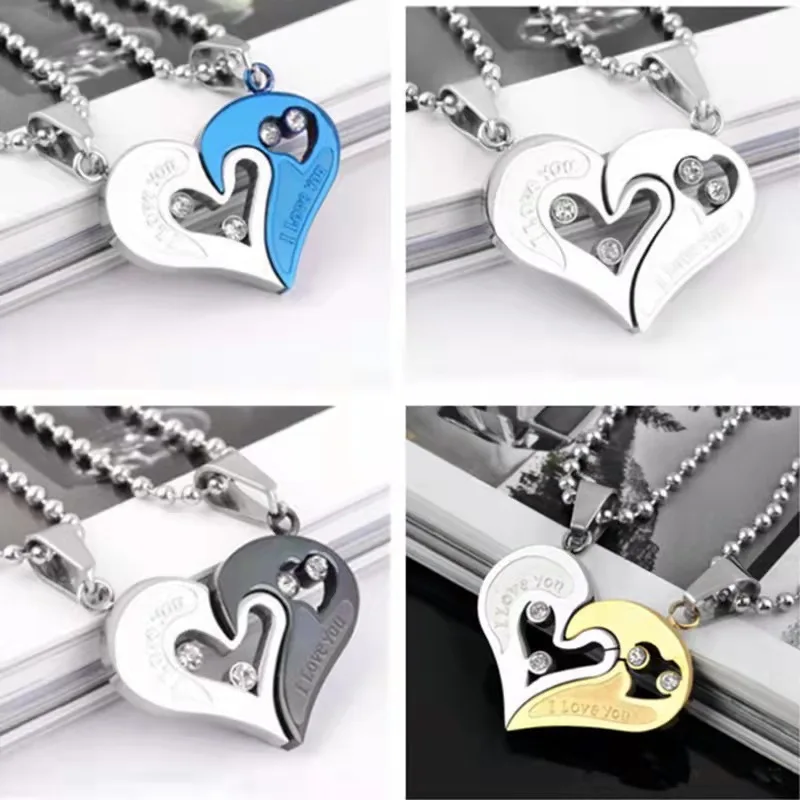 Hot Sale Couple Crystal Heart  Necklace 2pc Pair of Two Tone Heart Pendant Jewelry Necklace For Lovers