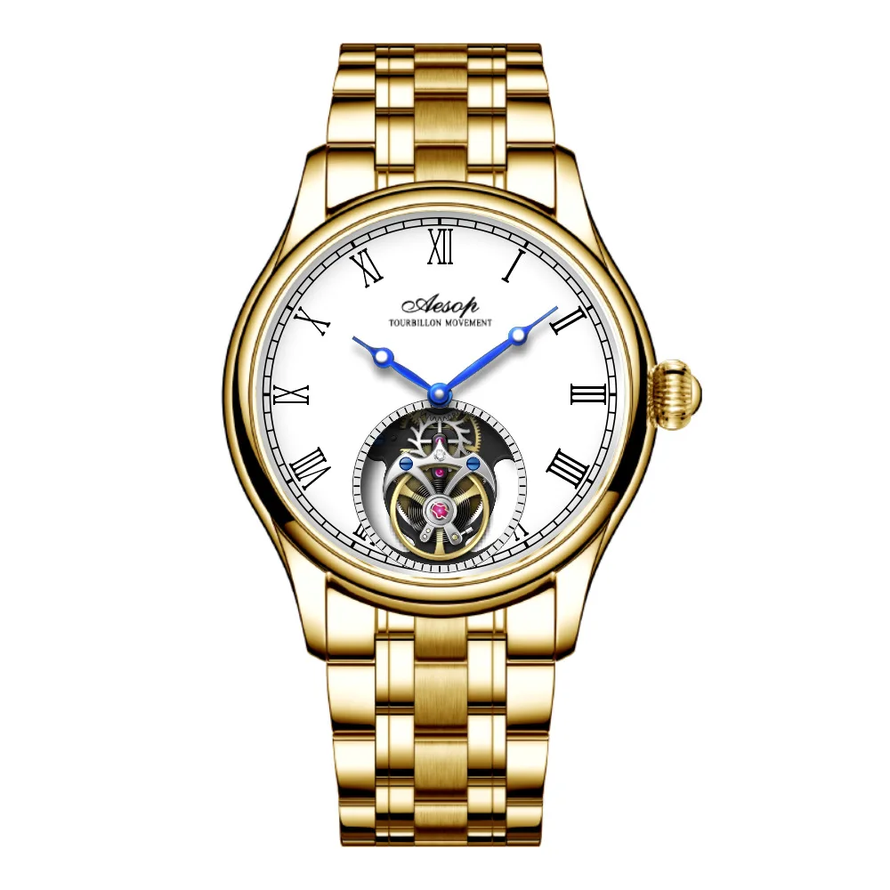 Aesop Watch Classic Low Profile Roman Number Dial Mechanical Hand Watch Men Skeleton Tourbillon Movement Mechanical Watch