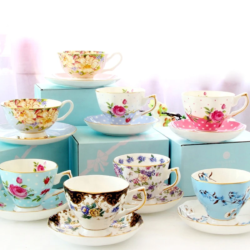 Luxury Thin Delicate Translucent Light Weight Bone China Floral Ceramic Tea Cup And Saucer Set