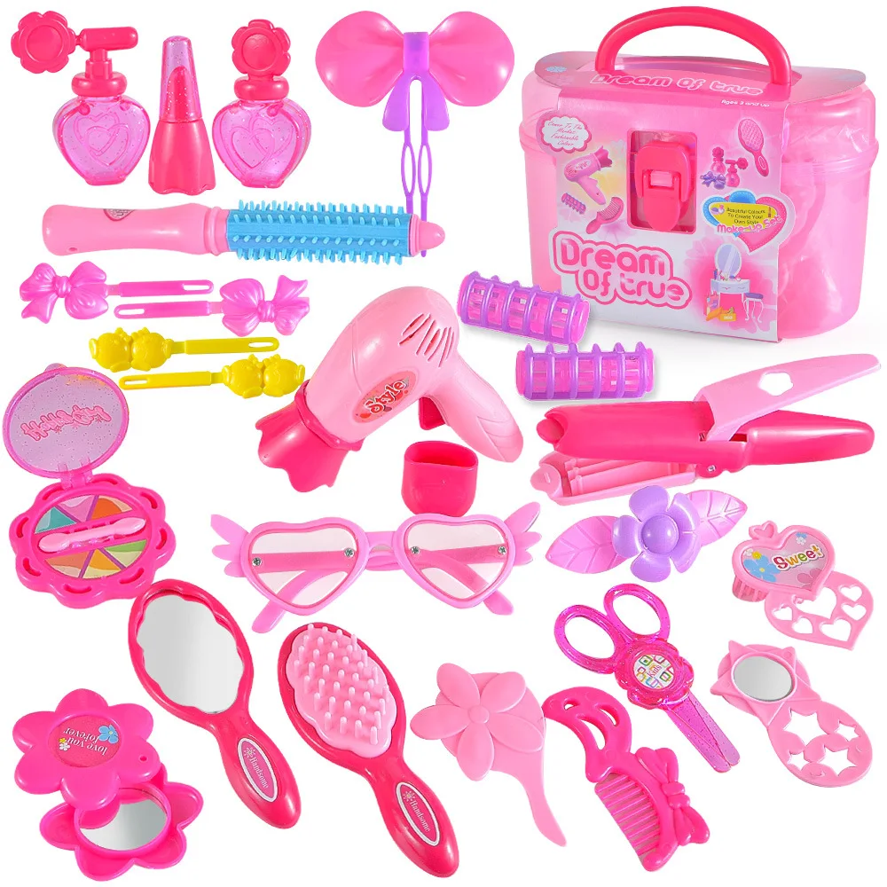 Pretend Play Kids Makeup Toys Beauty Handle Box Children Make Up Set Hairdressing Simulation Set Dressing Up Toys For Girls
