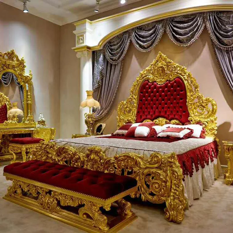 European-style villa bedroom gold leaf bed all solid wood carving master bedroom wedding bed French palace double bed