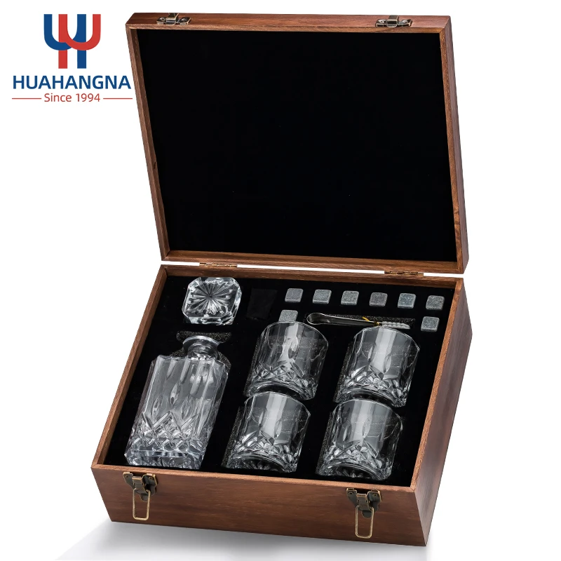 HUAHANGNA Custom Engraved Whiskey Decanter and 4 Old Fashioned Heavy Base Rock Whisky Glasses Set in Gift Box