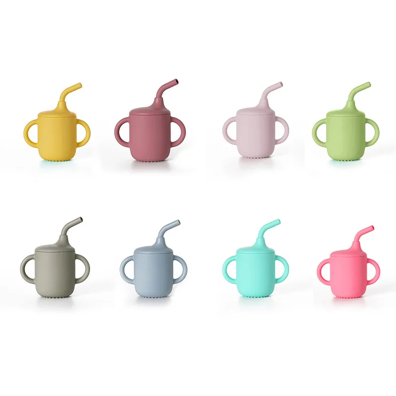 3 in 1 Silicone cups with lids and straw drinking leak proof anti slip 180ml baby water cup