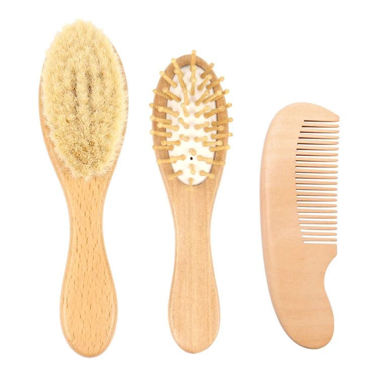 Private Label Bamboo Mini Hair Brush Detangling Wooden Kids Baby Hair Brush Set