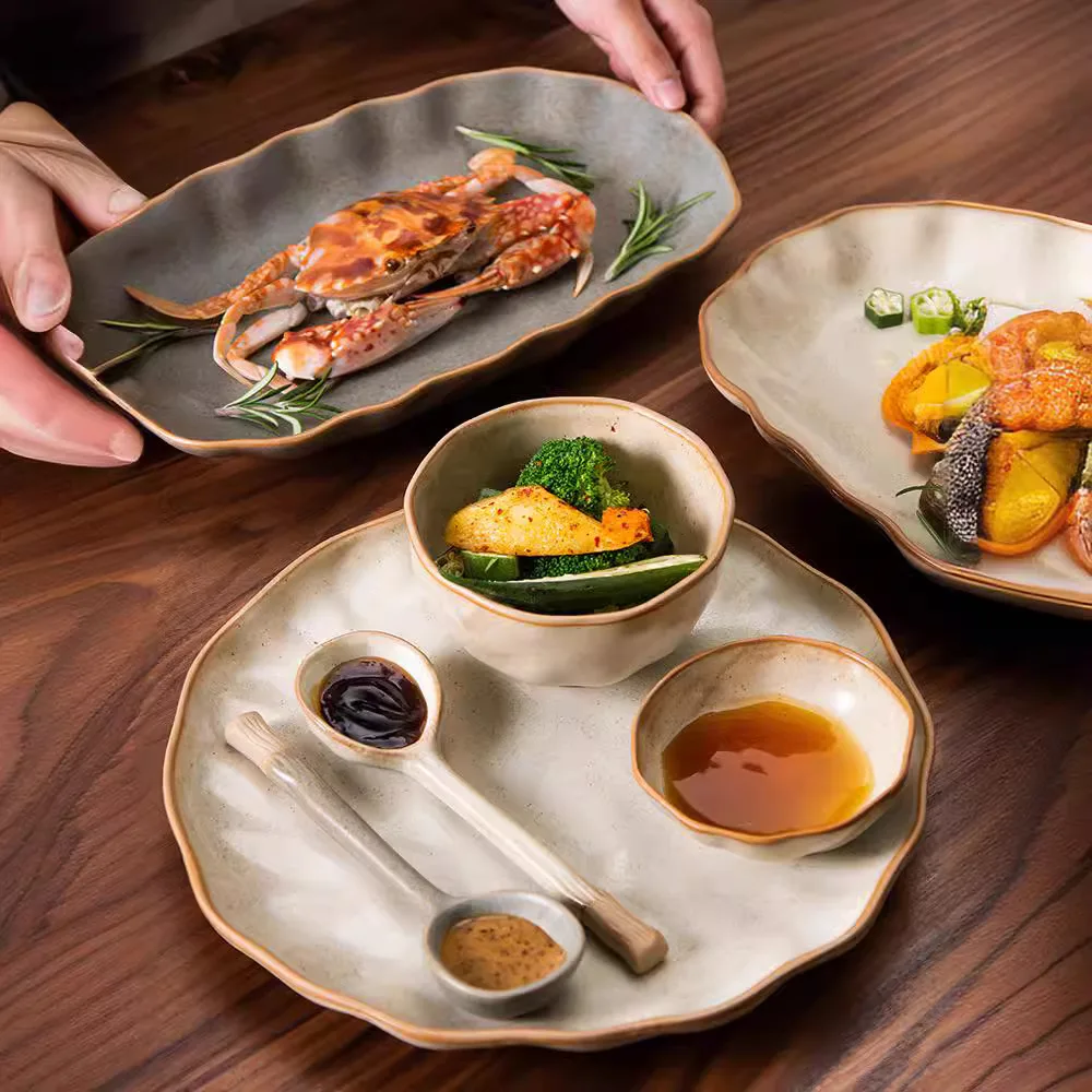 Restaurante Porcelain Geschirr Dish Japanese Dishes Crockery Platter Ceramic Plate Restaurant Plate Set Green Dinnerware Sets