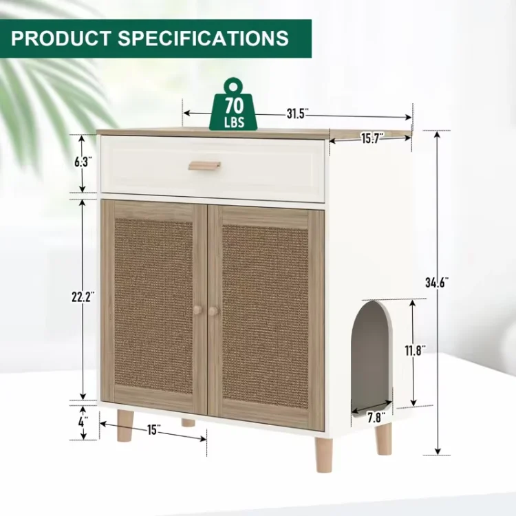 Custom Close Type Litter Box Enclosure Wood Indoor Side Table Wooden Pet Furniture Crate Cat House With Scratching Pad Doors