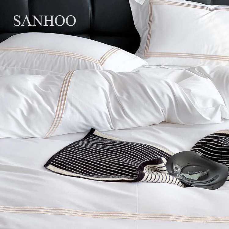 SANHOO Hotel Bedsheet White Embroidery 400 TC Percale Queen King Hotel Linen Bedding Set