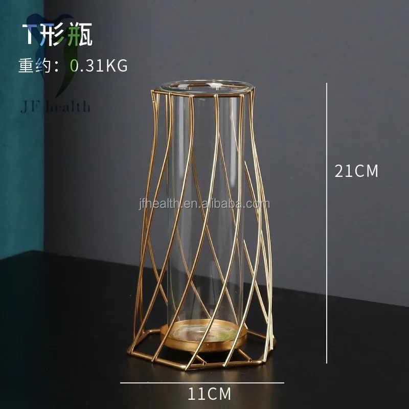 Simple wrought iron geometric vase ornaments home decoration transparent glass dried flower flower arrangement vase