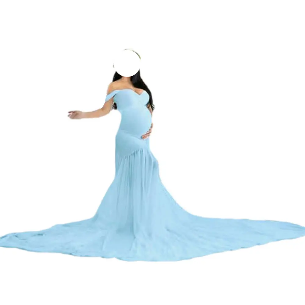 Off Shoulder Solid Color Long Tail Pregnancy  Evening Dress Maternity Dresses Photography