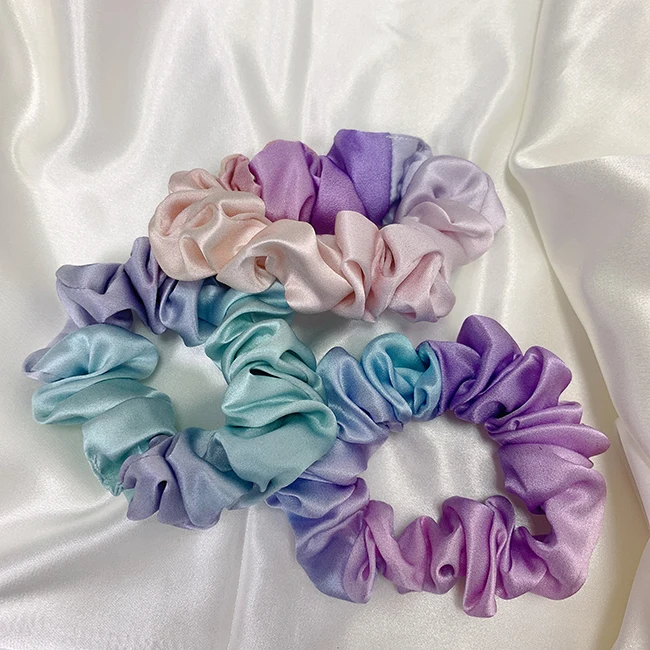 Gradient Silk Ribbon Scrunchies Cord Soft Elastic 100% Silk Satin Scrunchies For Ladies