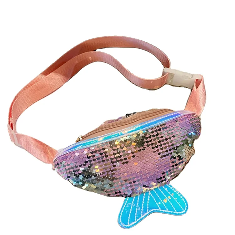 
wholesale fish tail mermaid little girl children glitter reflective bling sequin crossbody belt waist bag kids fanny pack 