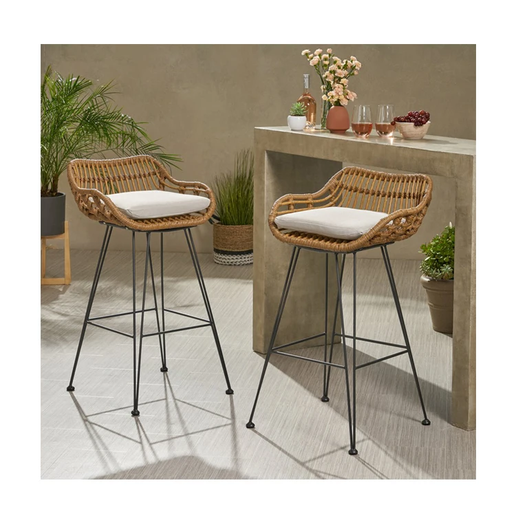 outdoor furniture metal leg patio kitchen counter stool antique rope woven rattan wicker stools arm high bar chair with cushion