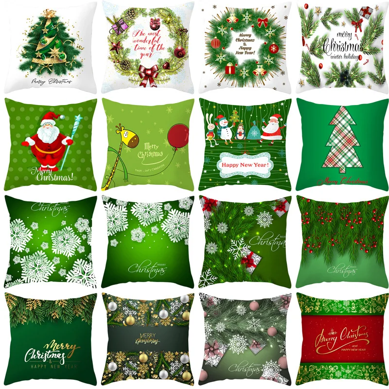 Green Theme Christmas Pillowcase Polyester Pillow Case Cover Santa Clause Merry Christmas Cushion Cover For Home Sofa Decoration