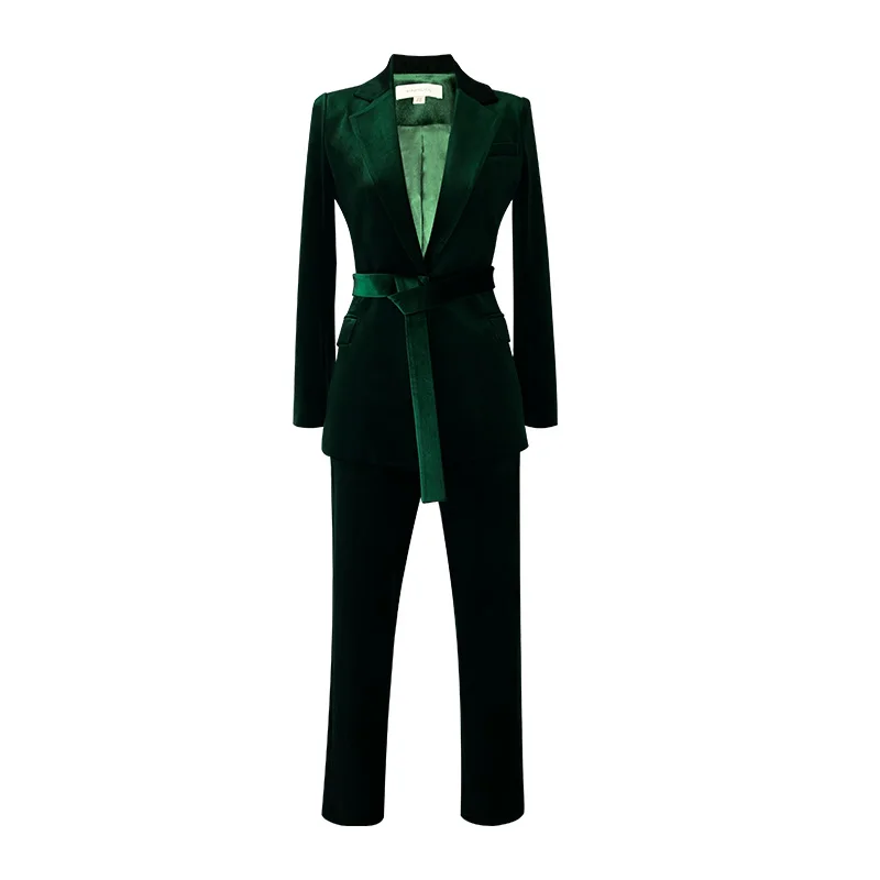 New Fashion Green Velvet Blazer Pants With Belt in Stock Women Suits Business Suits As Size Chart Wedding Party/ Business V-neck
