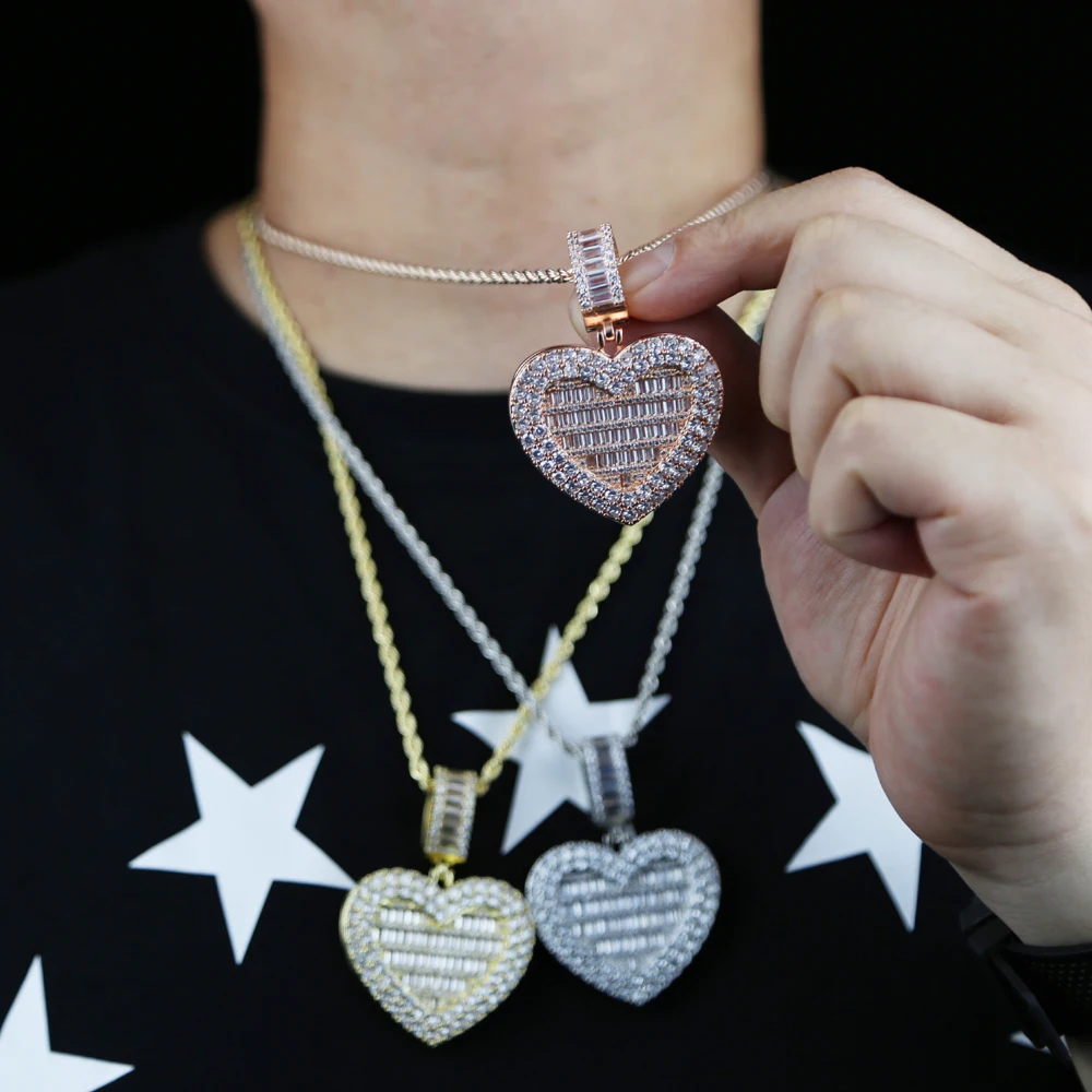 Iced out bling rectangle cz heart shaped locket pendant heart photo frame necklace