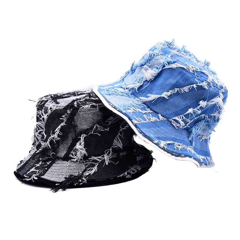 High Quality Distressed Jeans Denim Fabric Bucket Hat Custom Tassel Raw Edge Bucket Cap For Men And Women