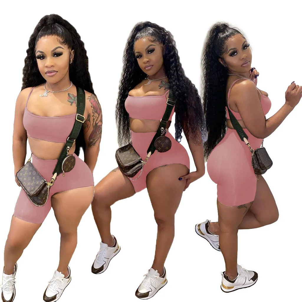 2022 Summer Neon Two Piece Low Cut 2 Piece Set Women Clothing Sport Backless Crop Top And Short Set