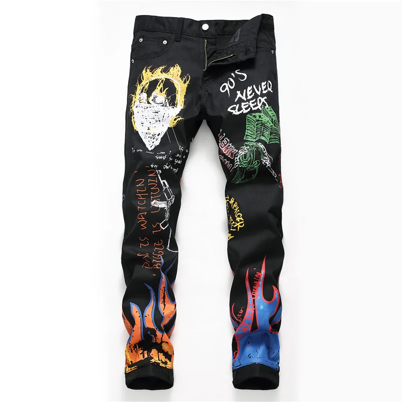 2021 hot sale fashion trend digital men jeans printed casual elastic tights denim jeans