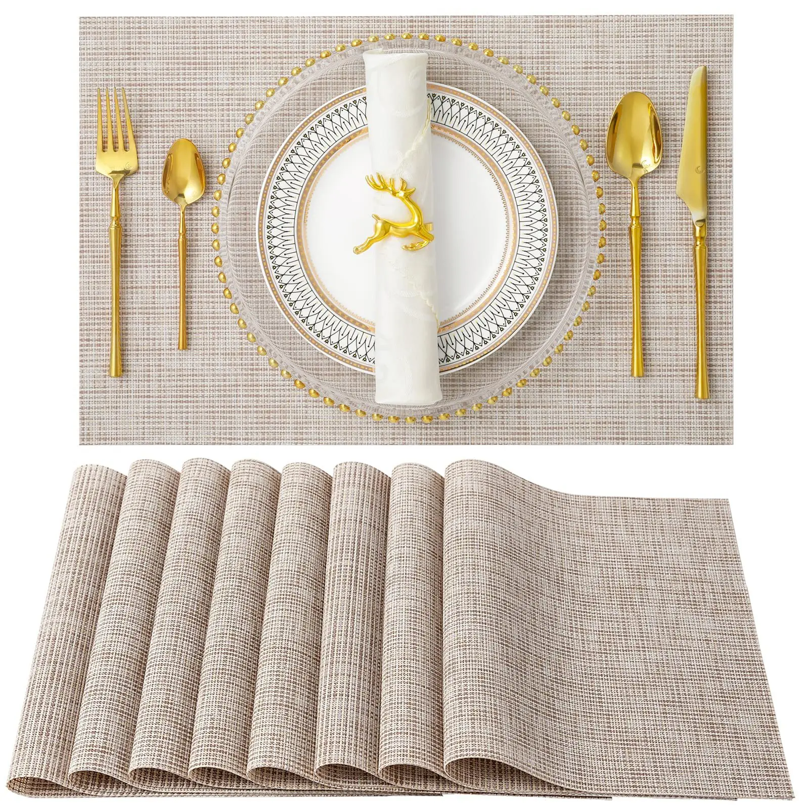 Beige Placemats Heat Resistant Non-Slip Place mats for Dining Table, Washable Durable PVC Vinyl Woven Table Mats
