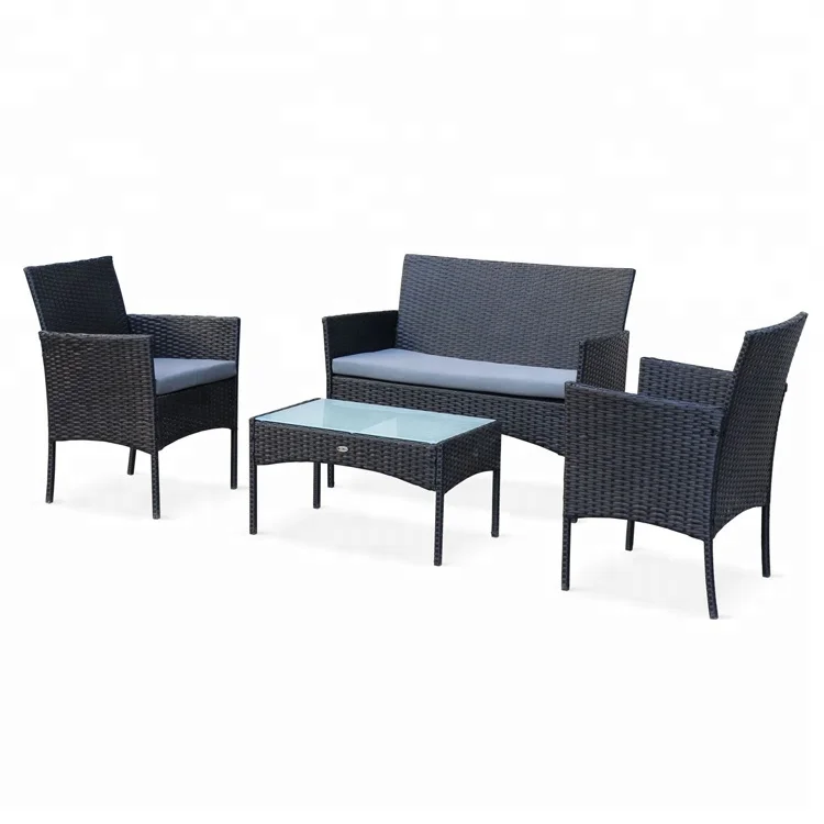 Black Nordic Garden Furniture Rattan Sofa Set Livingroom 4 Piece Patio Set Rattan Outdoor Furniture