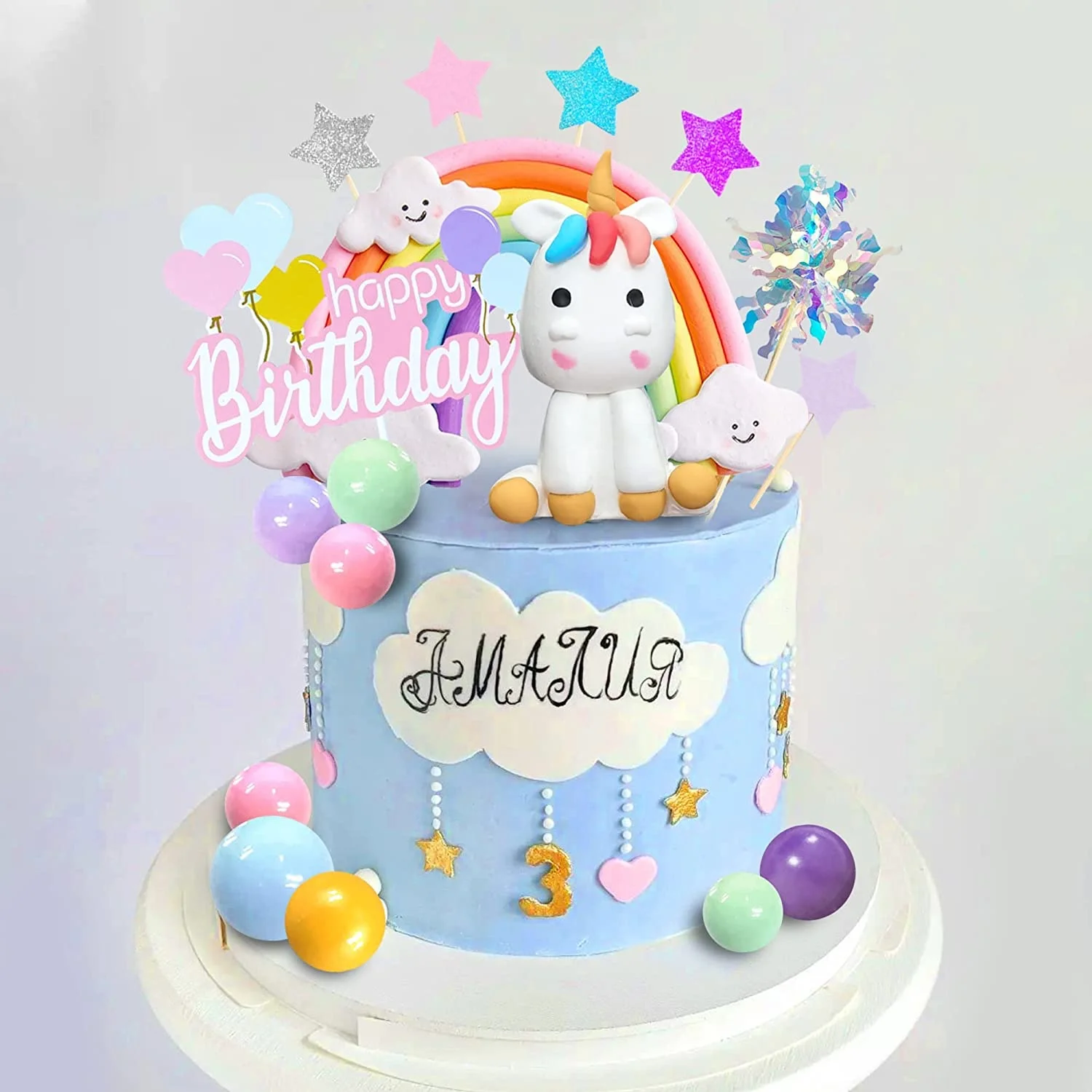 Kids Rainbow Cake Decorations with Rainbow Stars Unicorn Foil Firework Balls Happy Birthday Cake Decorations for Boys and Girls