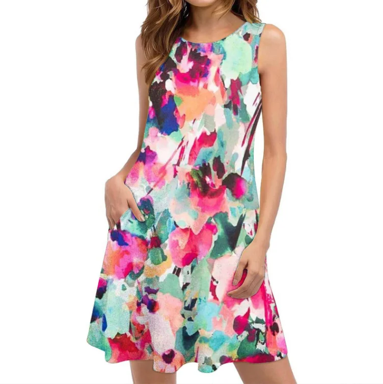 Women Casual Sundress Print Sleeveless Beach Dresses Boho Summer Flower Beach Dress With Pockets