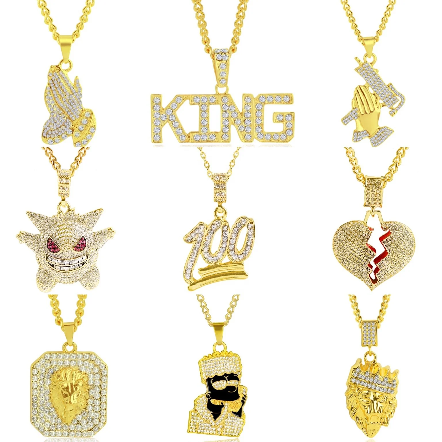 
Factory Stock Hip Hop Jewelry Women Men Gold Long Chain Necklaces Unisex Hiphop Bling Gun Dollar Leaf Pendant Necklace 