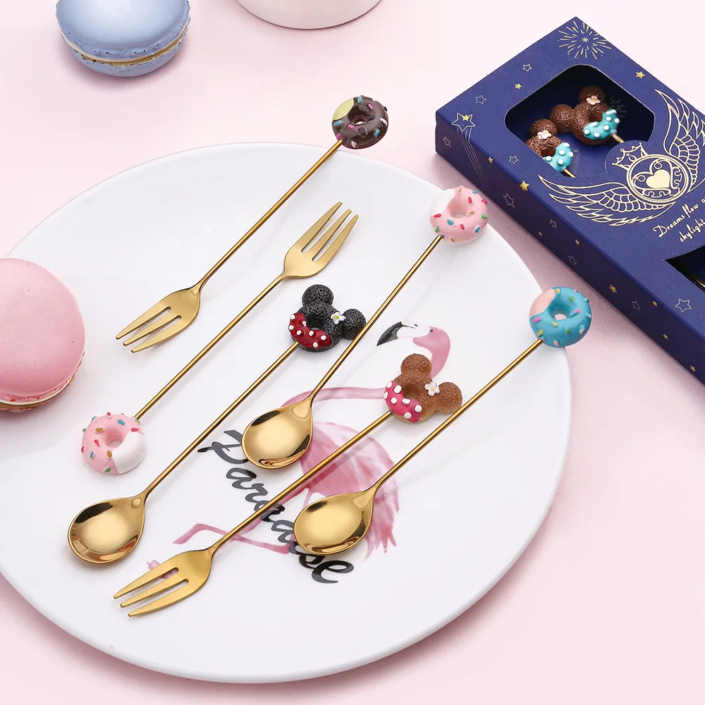 Stainless Steel Donuts Candy Shape Coffee Spoon Ice Cream Dessert Fruit Golden Fork Mixing Sugar Tea Spoons