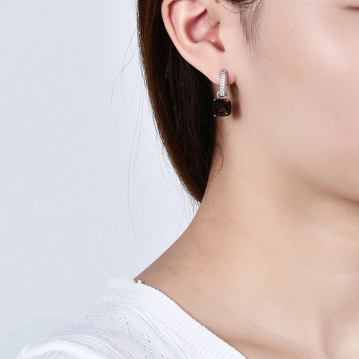 C8346 Abiding Shield Long Lasting Plating Tarnish Free 2024 Latest Trendy Smoky Quartz 925 Sterling Silver Earring