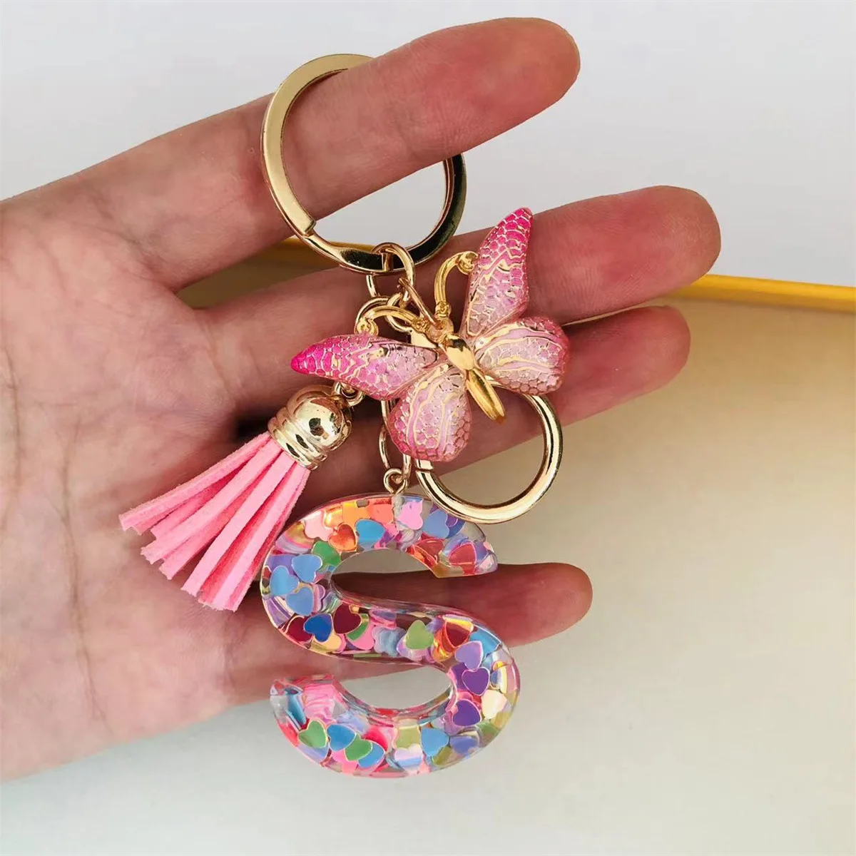 New Arrival Resin Crystal Glue Love Sequins English Letters Keychain With Butterfly Charms