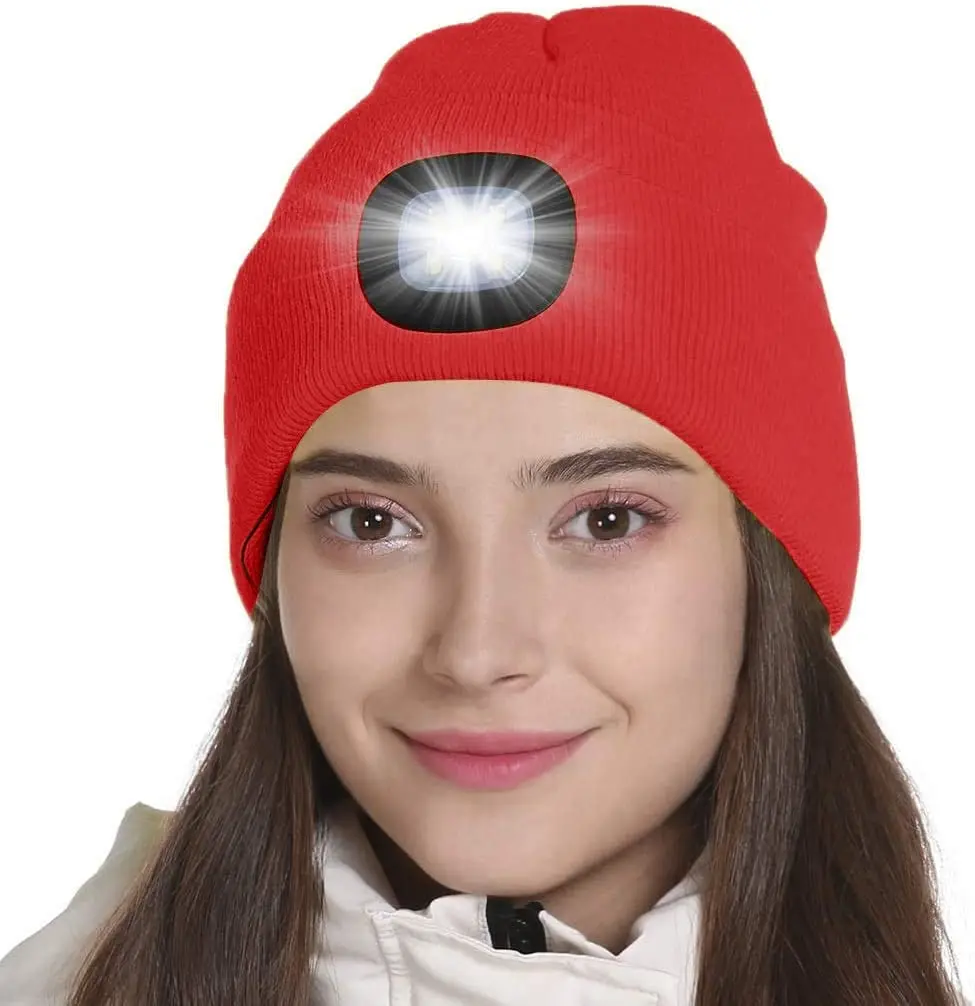 4 LED Headlamp Hat Gifts for Men Women Warm Winter Knitted LED Beanie USB Rechargeable Lighted Hat