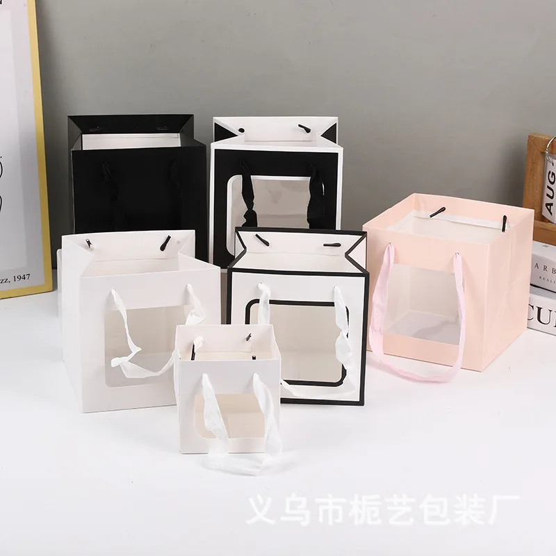 customizable Thickened square packaging flower wide bottom transparent window opening hand-held gift bag, paper bag