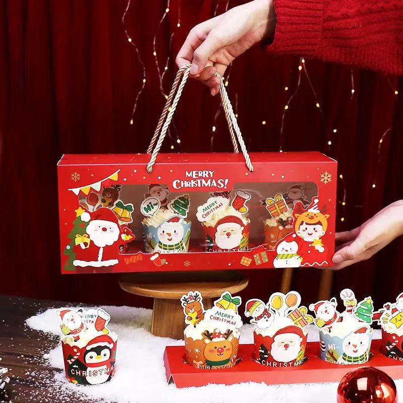Hot sale cupcake boxes with handle factory custom Christmas dessert take away boxes