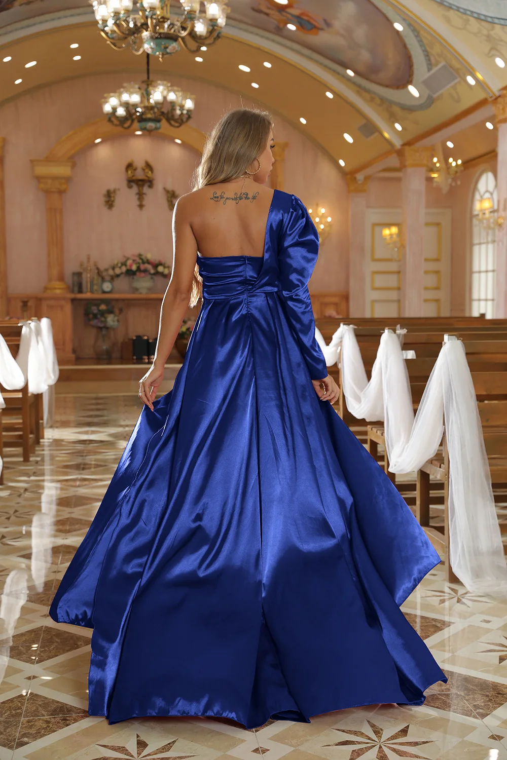 Long Sleeve Silk And Satin Women Prom Dresses Slit One Shoulder Floor-Length Skirt Banquet Evening Dress