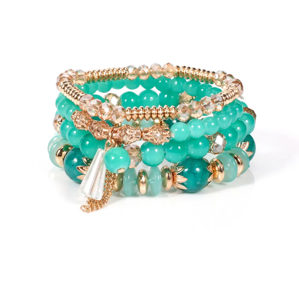 New Bohemian Bracelet Onyx Tassel Colored Glass Crystal Bracelet 4 Pieces For Lady