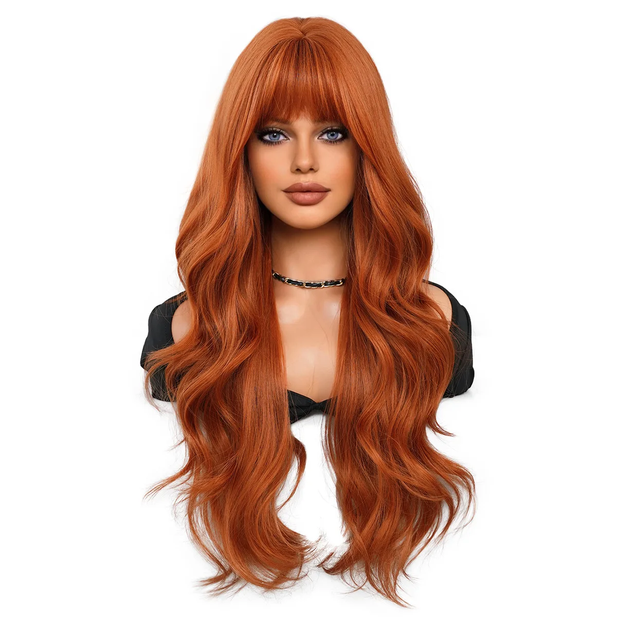 Women Wig With Bangs Long Wavy Curly Ombre Wig with Dark Root Synthetic Heat Resistant