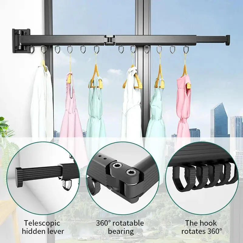 Laundry Clothesline Retractable Cloth Hook Drying Rack Folding Wall Mounted Clothes Hanger Rack Space-saver Retractable Fold