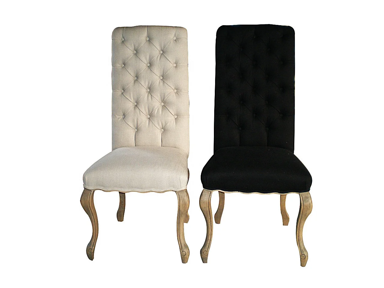 French Style Linen Button Tufted Oak Wood Dining Chair P0070-1