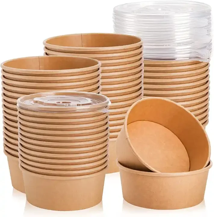 Disposable Kraft Paper Salad Bowl Can Be Added Lid Packaging Food Round Kraft Paper Lunch Box