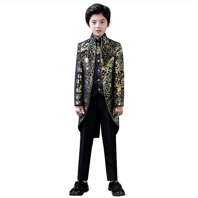 Sequined Embroidery British Style Boys Formal Tuxedo Suits Swallow-tailed Blazer Men Dinner Tux Tails Children Wedding Clothing