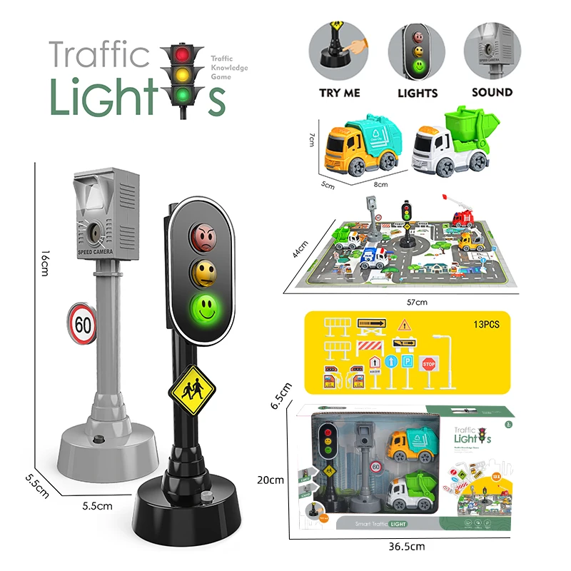 Kids Interactive Learning Push and Go Car Toys Traffic Sign Toy Police Car Set with Play Mat