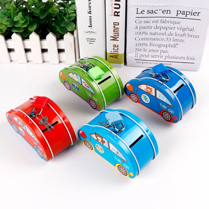 TOPSTHINK Wholesale cute tin piggy bank cartoon saving money bank tin box car shape for kids