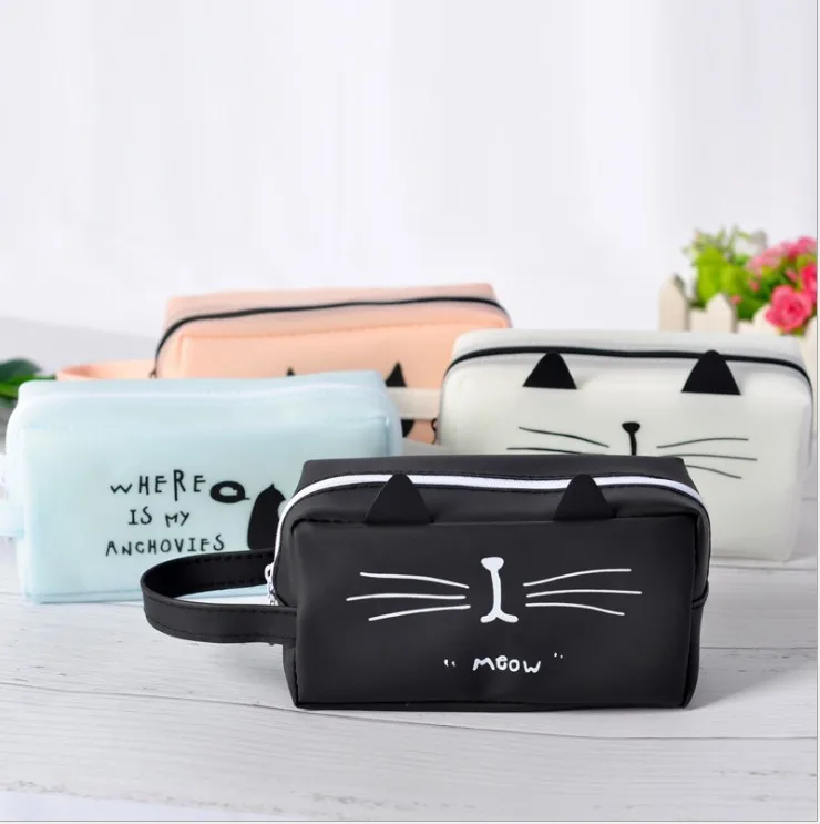 Cute Kawaii Custom Large Capacity Jelly Glue Pencil Case Lovely Cartoon Cat School Student Pen Cases Silicon Gel Stationery Bags